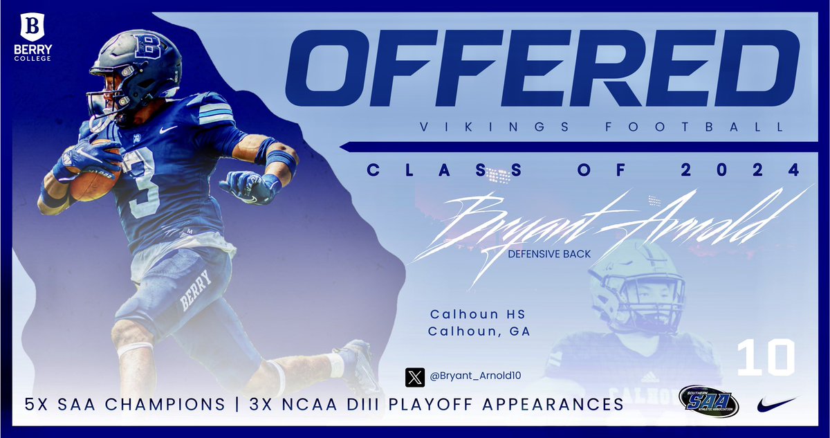 After a great conversation with <a href="/BCCoachK/">Tony Kunczewski</a> I’m blessed to receive my fourth offer from <a href="/BerryFootball/">Berry Football</a>!! 
<a href="/CHSJacketsFB/">Calhoun Football</a> <a href="/clays24/">Clay Stephenson</a> <a href="/tslester6/">Thomas Lester</a> <a href="/RecruitGeorgia/">Recruit Georgia</a> <a href="/NwGaFootball/">NwGa Football</a>