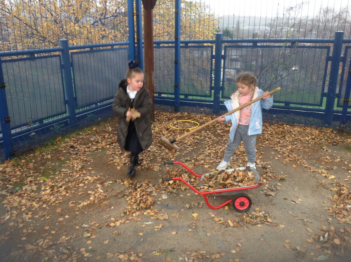 FS1Beck's tweet photo. F1 have used some innovative ways to sweep the playground. We used a range of sweeping brushes and even hula hoops. We then scooped the leaves up with our hands into the wheelbarrow. All this activity really helps to improve our gross motor skills. #BeckPhysicalDevelopment https://t.co/1y8jntKEys