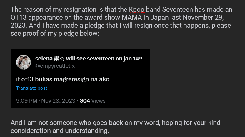 empyrealfelix's tweet photo. i present to you, my resignation letter. kidding aside, Stray Kids and Seventeen has always taught me to move forward and reach my dreams, I have already planned out my resignation and have started applying to other companies with my dream role. May the stars guide me. https://t.co/LDn83Jei3J