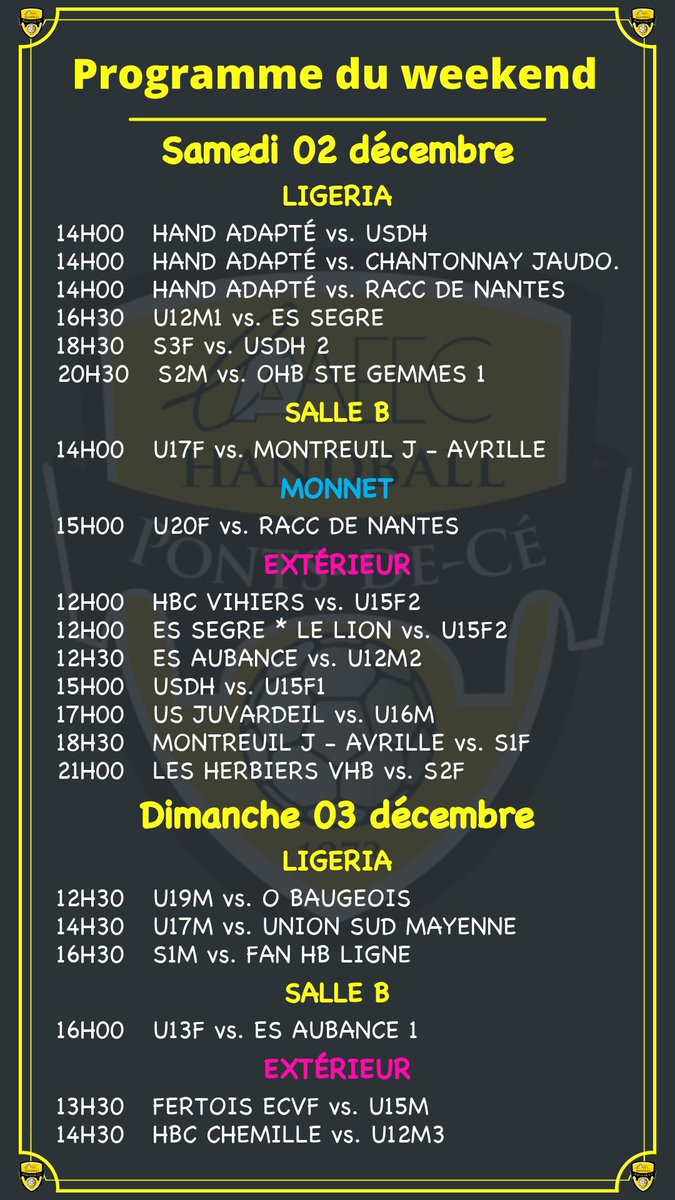 📰 Au programme de ce premier weekend de décembre 🏠 12 matchs à domicile 🚕 9 matchs à l'extérieur 🥁 Venez nombreux encourager nos équipes ℹ️ pontsdece-handball.fr/programme-resu… #teamPDC #Césport #ffhb #handball #matchs #weekend #programme