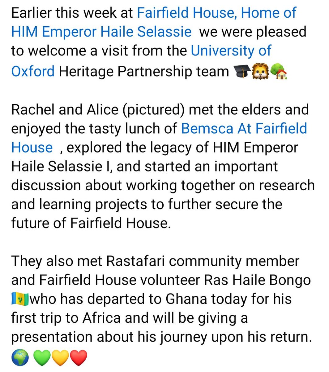 Earlier this week we were pleased to welcome a visit from the @UniofOxford Heritage Partnership team 🎓🦁🏡 @rachel_delman and @AlicePurk of Oxford enjoyed the tasty lunch of BEMSCA with the elders + explored the vibrant legacy of Emperor #HaileSelassie I at #FairfieldHouse