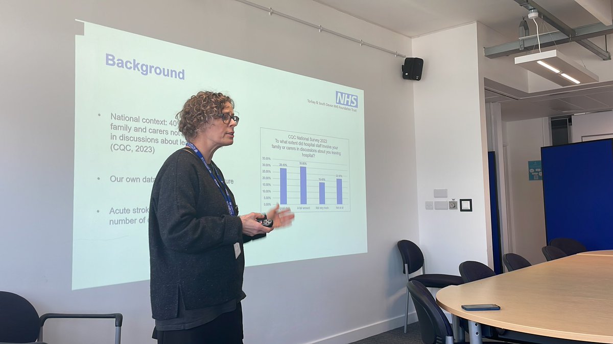 Katherine Broomfield (@kathbroomfield) on Twitter photo Why should we go-produce services? Because %40 of people report that they are not much or not at all involved in discussions about leaving hospital.
Rhonda Allison from <a href="/TorbaySDevonNHS/">Torbay and South Devon NHS Foundation Trust</a> reports on #coproducing improved communication for #stroke discharge
#drsw23 <a href="/SWresearchGO/">SWresearchskilledworkforce</a> Why should we go-produce services? Because %40 of people report that they are not much or not at all involved in discussions about leaving hospital.
Rhonda Allison from <a href="/TorbaySDevonNHS/">Torbay and South Devon NHS Foundation Trust</a> reports on #coproducing improved communication for #stroke discharge
#drsw23 <a href="/SWresearchGO/">SWresearchskilledworkforce</a>