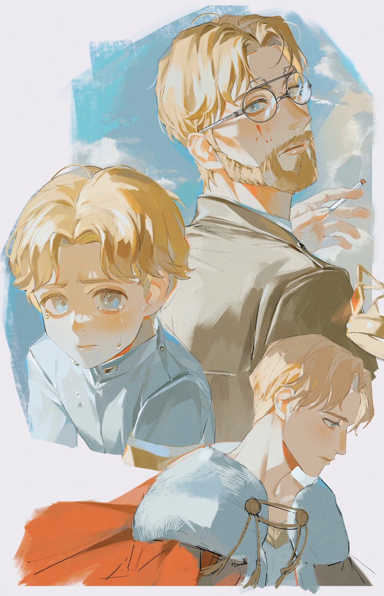 blonde hair male focus age progression facial hair aged down blue eyes glasses  illustration images