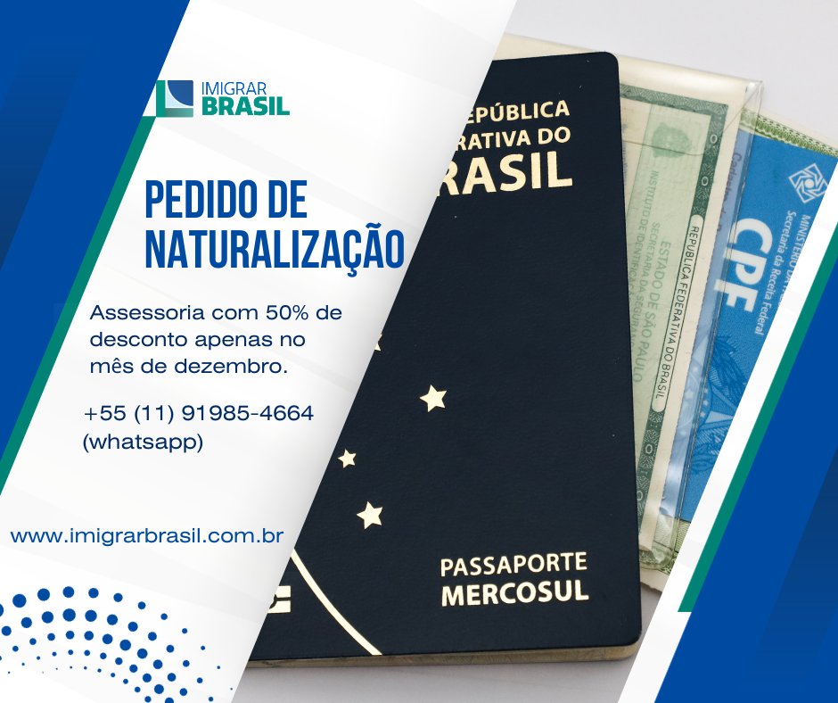 A Imigrar Brasil, empresa especializada em assessoria para imigração, está oferecendo 50% de desconto em pedidos de naturalização no mês de dezembro. A promoção é válida para todos os imigrantes que desejam adquirir a cidadania brasileira.

Whatsapp+55 (11) 91985-4664