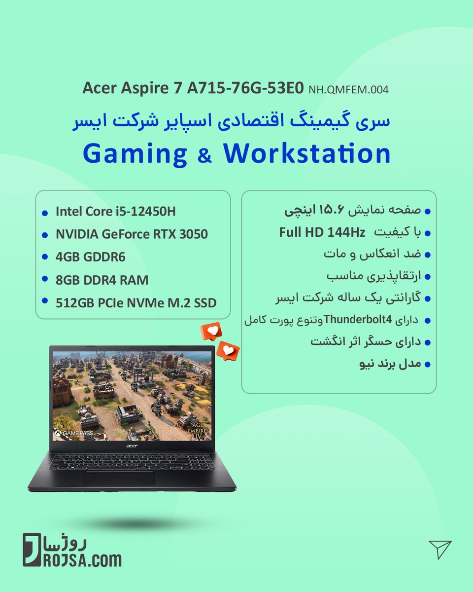 RojsaCom's tweet photo. لپ تاپ Acer Aspire 7 A715-76G-53E0 

از سری لپ‌تاپ‌های گیمینگ اقتصادی قدرتمند و باکیفیت سری Aspire شرکت Acer

مدل برند نیو همراه با یک سال گارانتی رسمی قابل پذیرش شرکت Acer  

https://t.co/bGLXk0zANU

#Rojsa #Acer #Aspire_7
   #روژسا #ایسر #اسپایر #گیمینگ #گیمر #گیمرایرانی #بازی https://t.co/59NhL7g2Q8