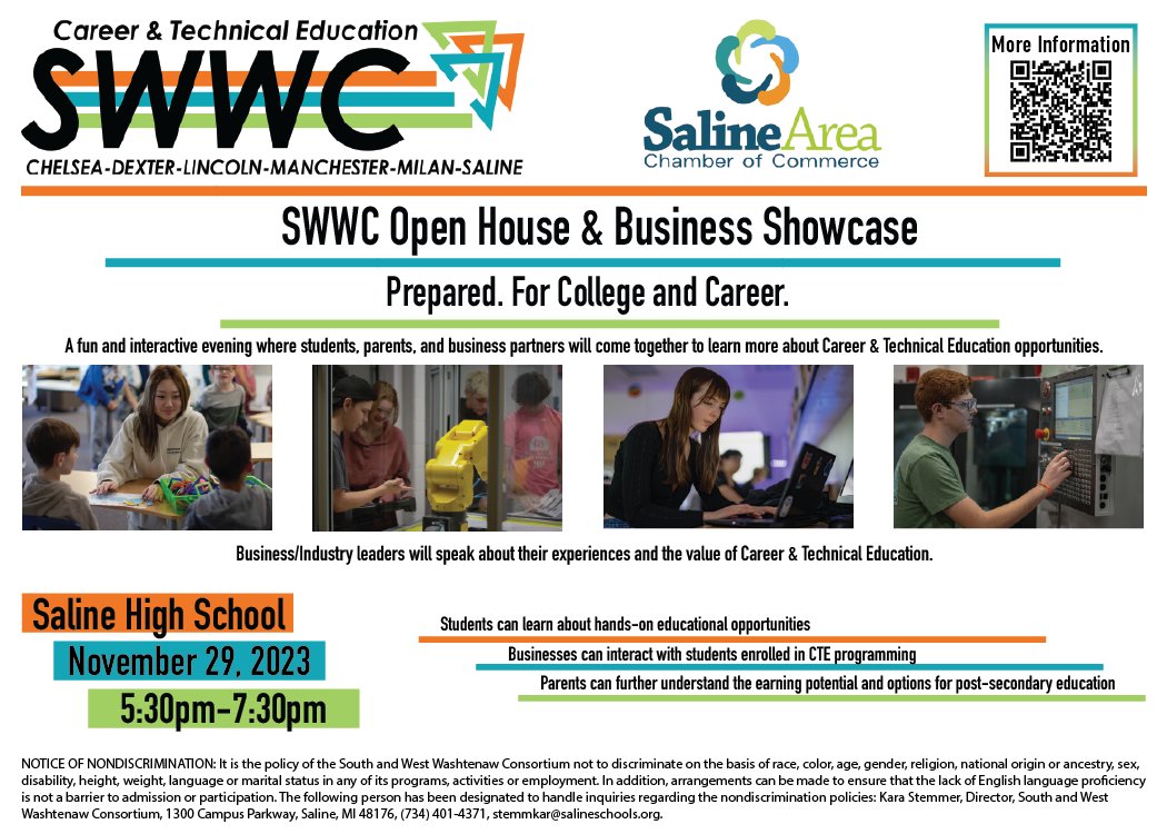 Tonight's the night! Join us for our 3rd Annual SWWC Open House &amp; Business Showcase @ Saline High School, 5:30 pm-7:30 pm. See you then! <a href="/SalineHS/">Saline High School</a> <a href="/Milanhighschool/">Milan High School</a> <a href="/manchester_mcs/">Manchester Community Schools</a> <a href="/DexterSchools/">Dexter Community Schools</a> <a href="/ChelseaMI_HS/">Chelsea High School</a> <a href="/GoSplitters/">Lincoln Railsplitter</a> <a href="/TheSalinePost/">TheSalinePost</a> <a href="/SalineChamberMI/">Saline Chamber of Commerce</a> <a href="/WashISD/">Washtenaw ISD</a>  <a href="/thesuntimesnews/">The Sun Times News</a>