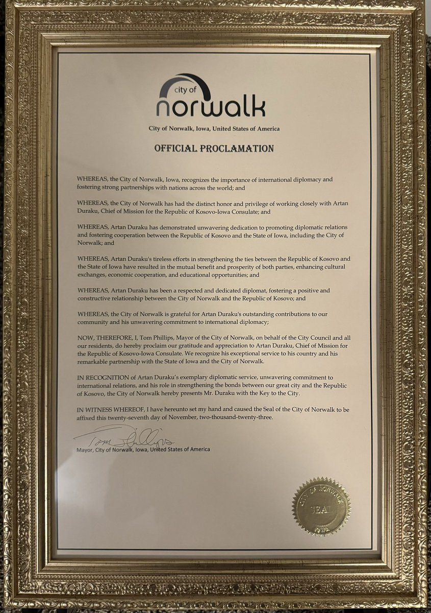 Thrilled to receive the Proclamation and the Key to the City of Norwalk, Iowa! 🗝️ 

Huge thanks to Mayor Tom Phillips, Hollie Zajicek, Jaki Coye Livingston, Tai Rebecca, Greg Staples and the team for the dedication to the Kosovo-Iowa partnership! 🌐 

#CommunityCollaboration