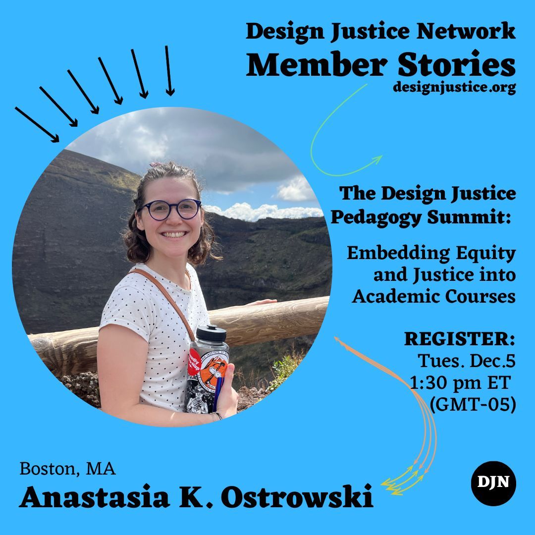 Join #DesignJustice members, Jana Saadi, Madhurima Das, and Anastasia K. Ostrowski, for a talk about The Design Justice Pedagogy Summit, Embedding Equity and Justice into Academic Courses. Tues. Dec. 5 AT 1:30pm ET (GMT-05). REGISTER: buff.ly/3RveER3 #DJNMembers
