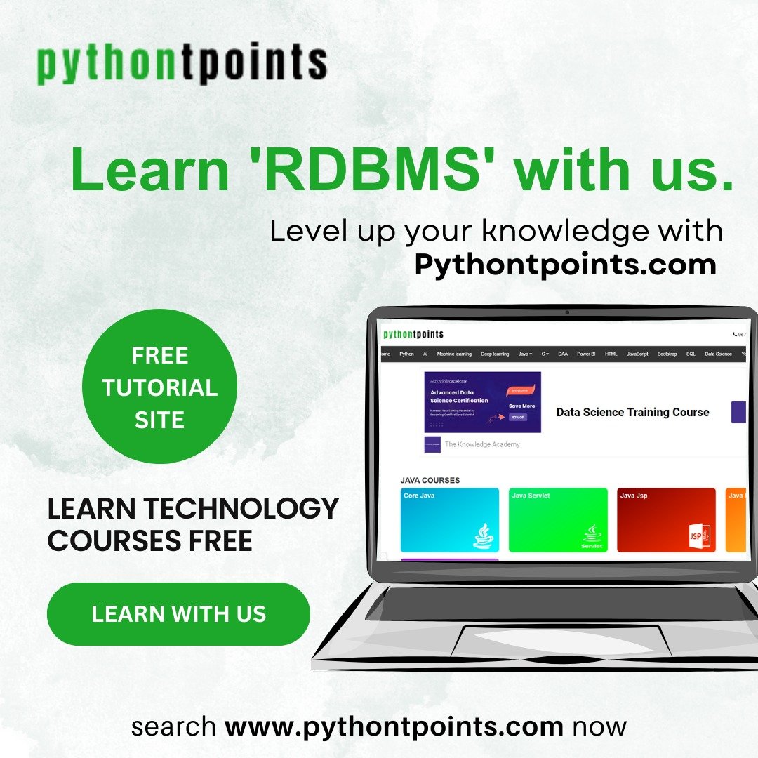 pythontpoint's tweet image. Learn about &quot;RDBMS&quot; with pythontpoints.com absolutely FREE...
#learn #learning #RDBMS #rdbmstutorial #learnrdbmsfree #freerdbmscourse #learnRDBMSwithus #RDBMSfreetutorial #rdbms #freetutorial #educational #educate #learnfree #learnfreewithus #RDBMSTraining #datastructure