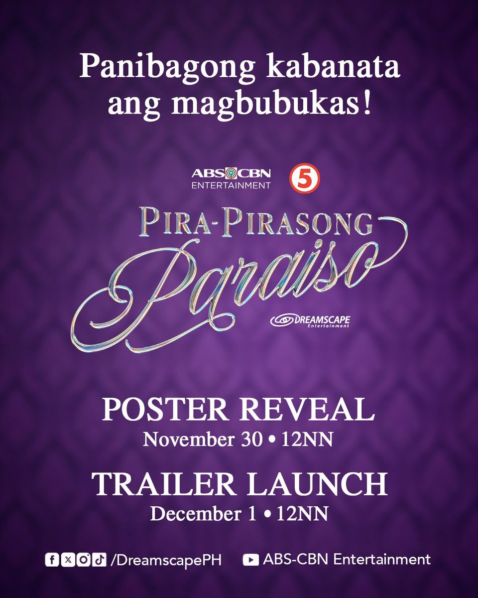 DreamscapePH's tweet photo. Magbubukas ng panibagong kabanata ng #PiraPirasongParaiso! 🎲💥💟

Abangan ang Poster Reveal ngayong November 30, 12NN at Trailer Launch ngayong December 1, 12NN.

Tumutok lang sa Dreamscape Entertainment social media accounts! https://t.co/JzWzLcPjGN