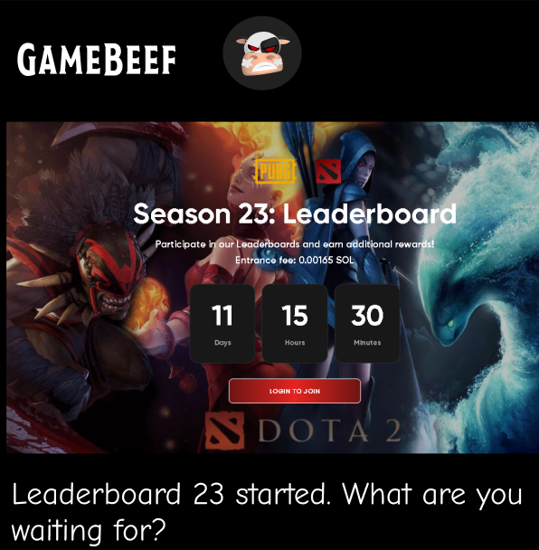 BetGameBeef's tweet photo. 🚀🎮 Leaderboard 23 is officially underway in Dota 2 and PUBG! Get ready for intense competition and epic victories. Will you seize the top spot? 🏆💪 Share your progress and tag your gaming squad! #Leaderboard23 #GameBeefGaming #WednesdayMotivation #Wednesdayvibe https://t.co/PUlBqBxD2k