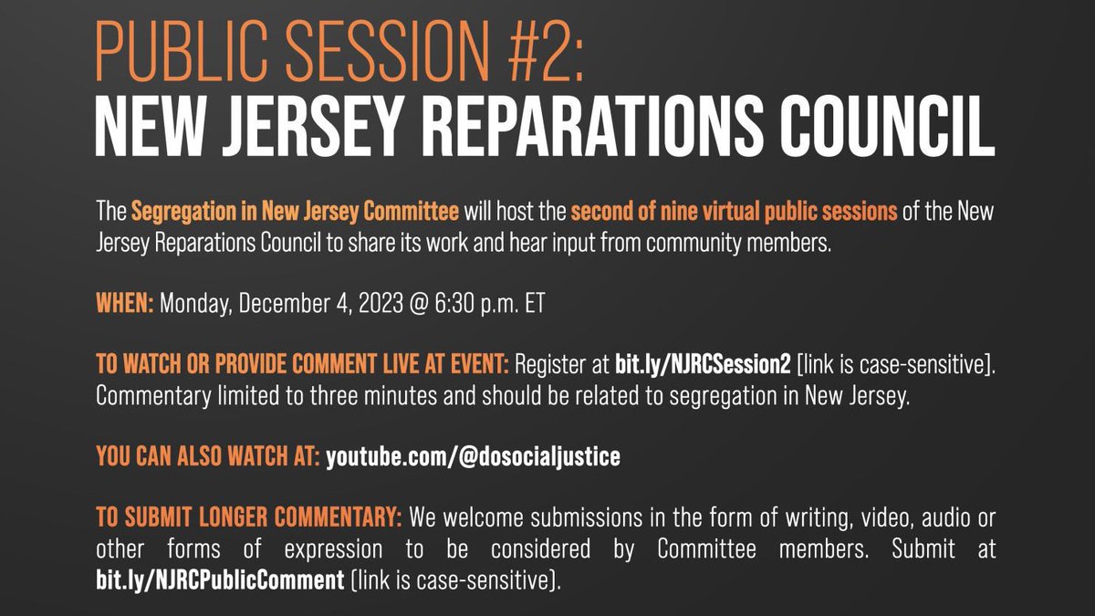 As we confront history, the NJ Reparations Council seeks #equity & #justice. Join us on 12/4 at 6:30 PM with speakers including @RyanPHaygood @KhalilGMuhammad @DennisDParker @J_P_Brutus & more. bit.ly/NJRCSession2