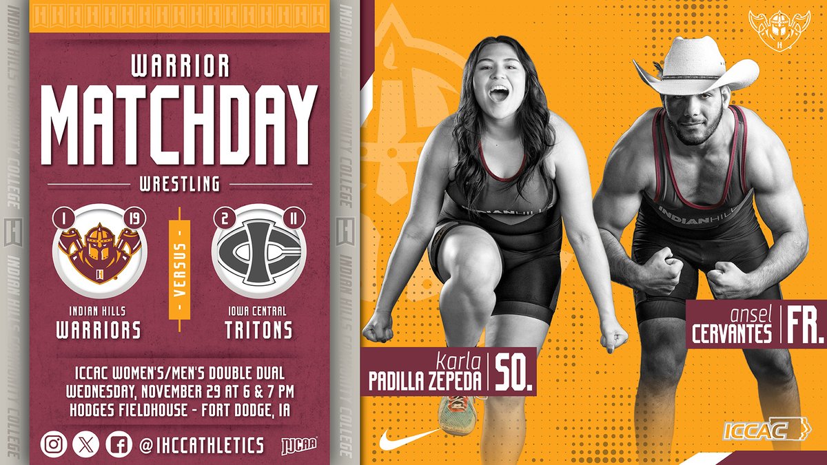 RANKED SHOWDOWNS – Nationally rated squads on both sides of the ledger square off in Fort Dodge tonight as <a href="/IHCCWrestling/">Indian Hills Wrestling</a> takes on host <a href="/ICCCWrestling/">Iowa Central Wrestling</a> in a women’s/men’s <a href="/ICCACSports/">ICCAC Sports</a> doubleheader. The ladies match pits the top two ranked teams in the latest <a href="/NJCAAWrestling/">NJCAA Wrestling</a> poll