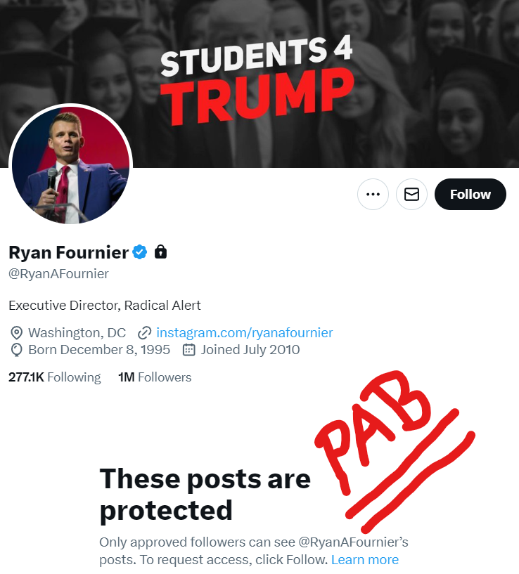 Super_Samario's tweet photo. Guess who got arrested for domestic abuse?
Yep, the co-founder of Students-for-Trump @RyanAFournier!
I guess he thinks he's some big tough guy beating his girlfriend with his gun... But, I guess he isn't so tough since his posts are now protected!
So much for Christian values! https://t.co/gDrYPMIhHS