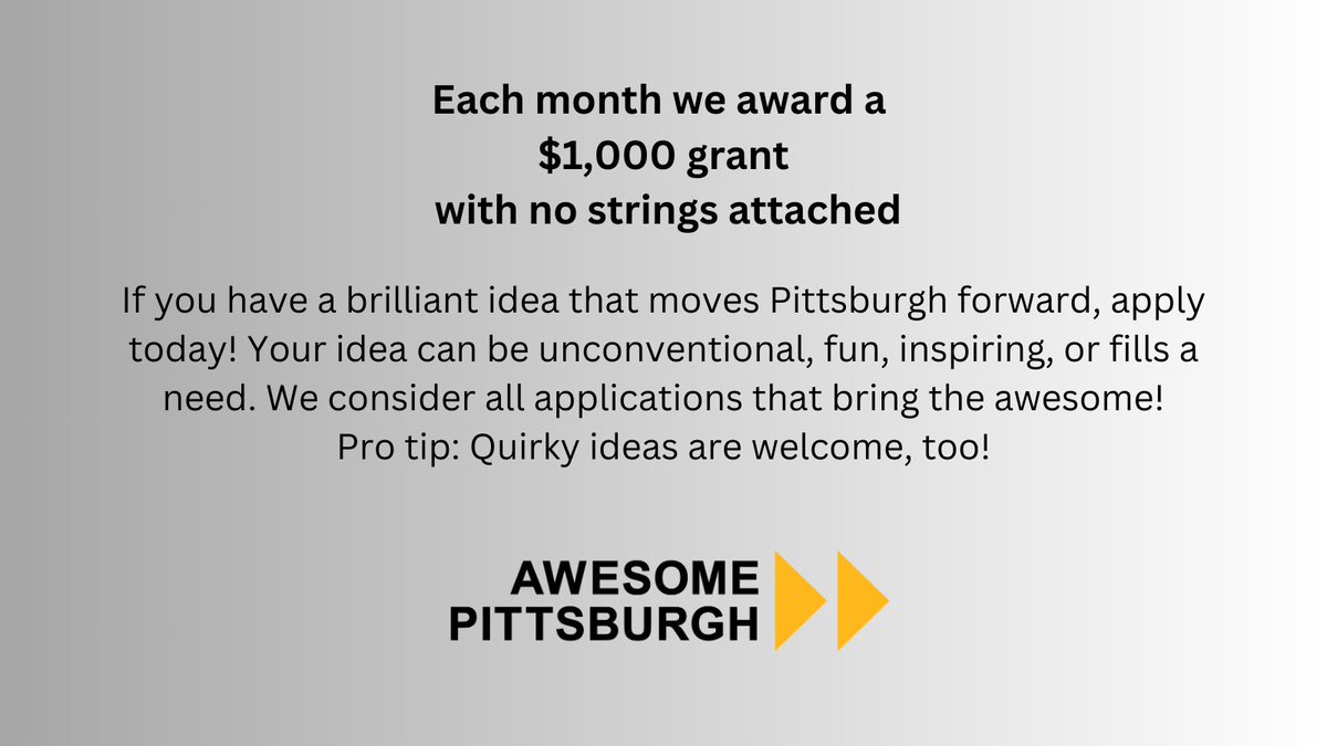 Thursday, November 30th, is the deadline for our last grant of 2023. Apply here: awesomepgh.com/how-to-apply/ and make awesome happen!
