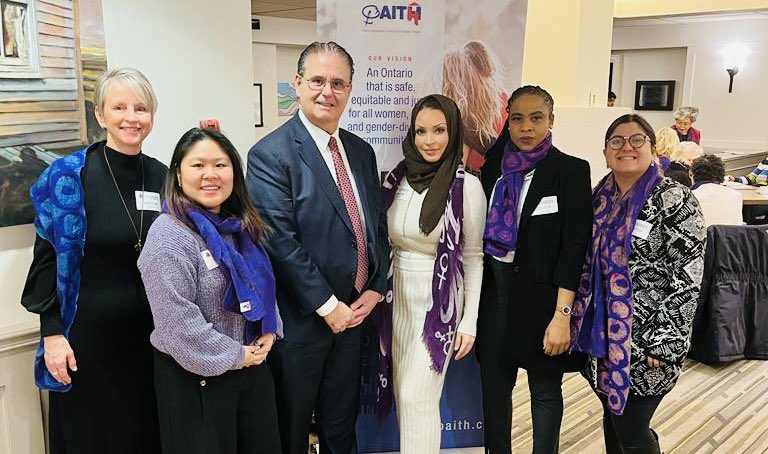 RudyCuzzetto's tweet photo. Great to see @JanniesL and her team from @ArmaghHouse at Queen's Park today, as members from all parties joined together to support the annual Wrapped in Courage Campaign to #EndGBV, and to support #GBV survivors. #MississaugaLakeshore #WomanAbusePreventionMonth https://t.co/8pS1H4C4lN