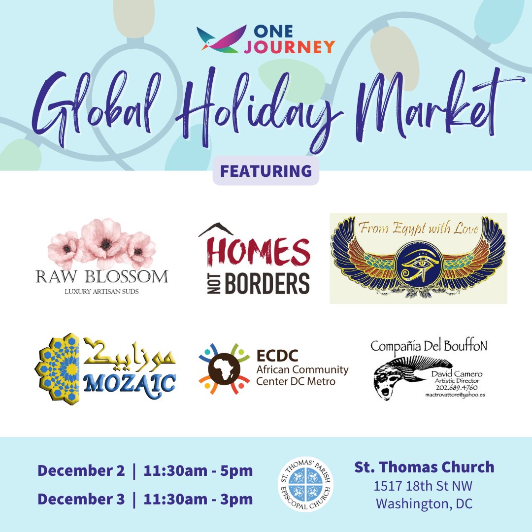 ❄️🎁 Our Global Holiday Market is coming up this Saturday and Sunday at St. Thomas' Parish!

Here’s a sneak peek at some of this year’s market vendors  

#OneJourney #Refugees #RefugeesWelcome #EventsDC #DCEvents #HolidayMarket #ChristmasMarket #DCHolidayMarket