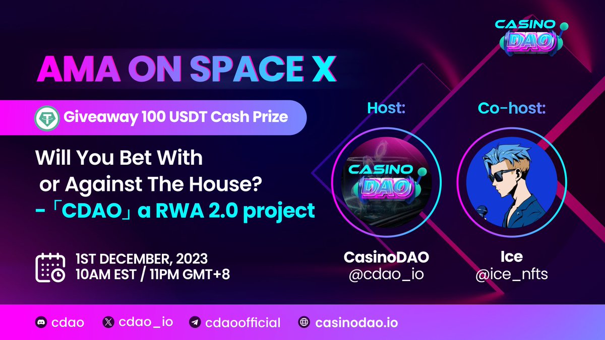 Join the【CDAO, a RWA 2.0 project】AMA with $100 GIVEAWAY

🎁$100 #USDT to #giveaway to 4 people
📅Dec 1st, 10:00AM (EST)
🎤<a href="/ice_nfts/">Ice’s main acc handle changed 👇🏻</a> 

1⃣Follow <a href="/cdao_io/">C.DAO</a>
2⃣❤️, RT, and Tag 3 frens
3⃣Set a Reminder: x.com/cdao_io/status…

⌛48hrs, will announce the winners during AMA