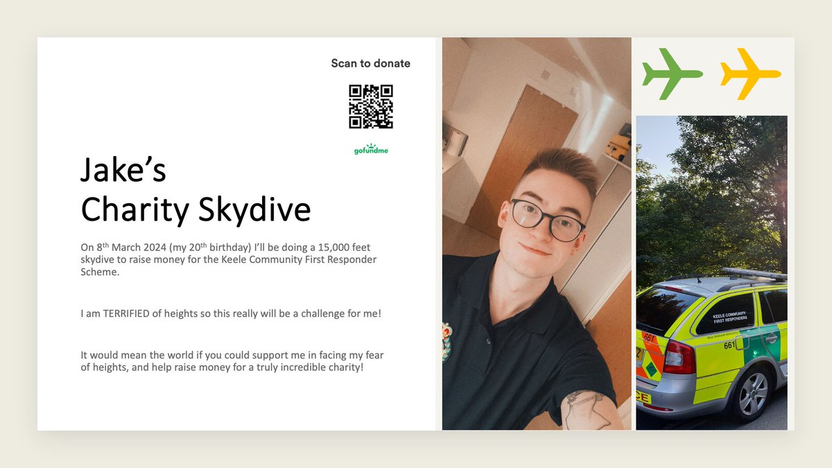 Well, I can't quite believe I'm doing this! On 8th March 2024 I'll be facing my biggest fear by doing a Charity Skydive to raise money for the Keele Community First Responder Scheme! It would mean the world to me if you could share &amp; donate ❤️
gofund.me/15b603d3