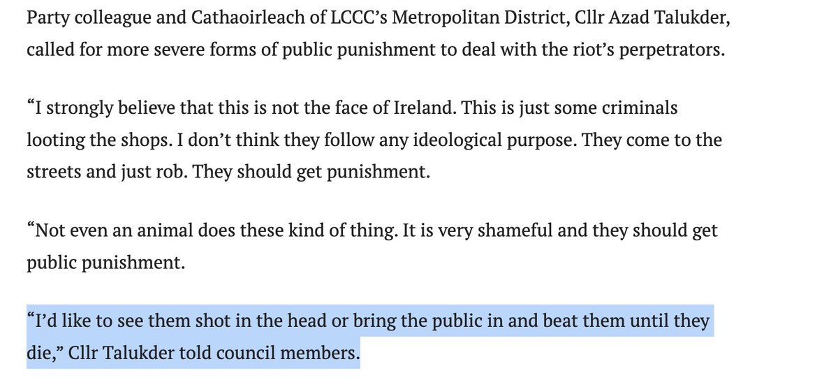 🚨🇮🇪 A Limerick city councillor has called for anti-immigration protestors to be 'shot in the head'!

Abul Kalam Azad Talukder is a native of Bangladesh who came to Ireland in 2000 and was elected to Limerick council in 2019.

At a council meeting, Azad Talukder, who is a member