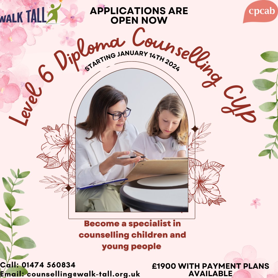 Applications are open!
Level 6 Diploma counselling CYP. Starting January 14th! Payment plans are available! Call or email for more information!
#counselling #counsellor #mentalhealthmatterstoo #childmentalhealth #student #course #cyp #applynow #gravesend #gravesham #medway