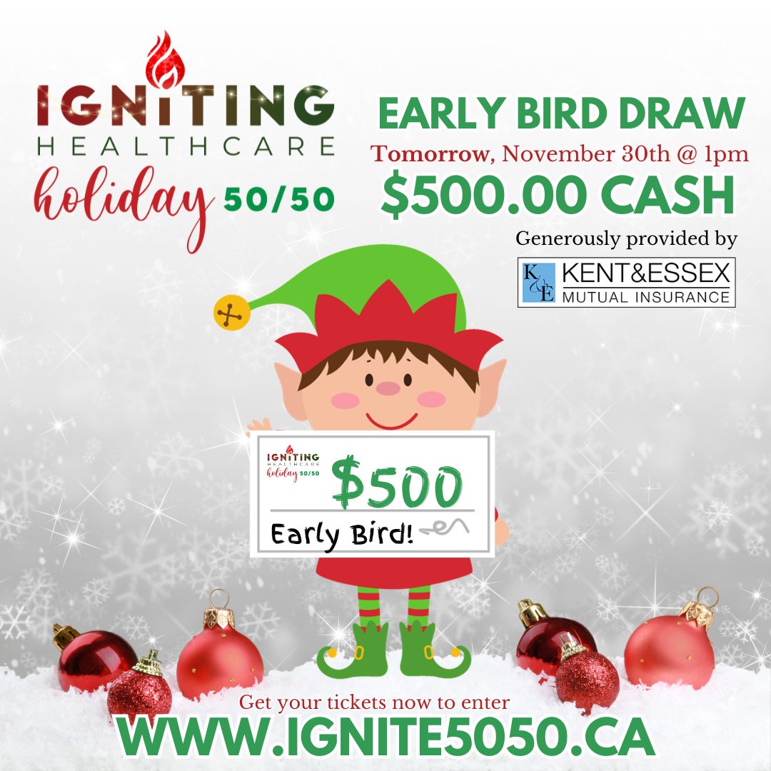 ckhafoundation's tweet photo. Our 1st HOLIDAY 50/50 Early Bird draw is TOMORROW at 1pm, so get your tickets now at https://t.co/KvVahfmHcf to win this $500.00 cash prize, generously donated by our friends at Kent &amp; Essex Mutual Insurance.

Jackpot already over $13,000, so GET YOUR TICKETS NOW! https://t.co/phKRUXypz6