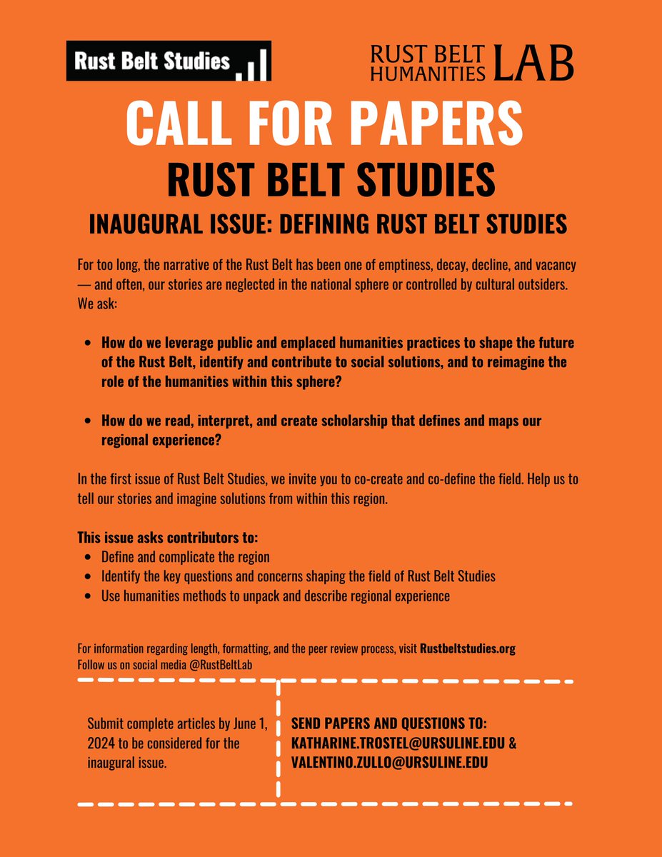 In the first issue of Rust Belt Studies, we invite you to co-create &amp; co-define the field. Help us to tell our stories and imagine solutions from within this region. Submit articles by 6/1/24 for the inaugural issue. More information: Rustbeltstudies.org #rustbeltlab