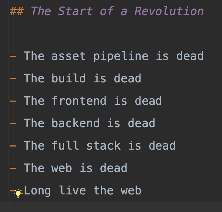 weaverryan's tweet photo. Working on my @symfonycon presentation.
I wrote the first bullet... then let AI keep adding more to see where it would go 🤣
#TheWebIsDead #LongLiveTheWeb https://t.co/HCYpRD82Dd