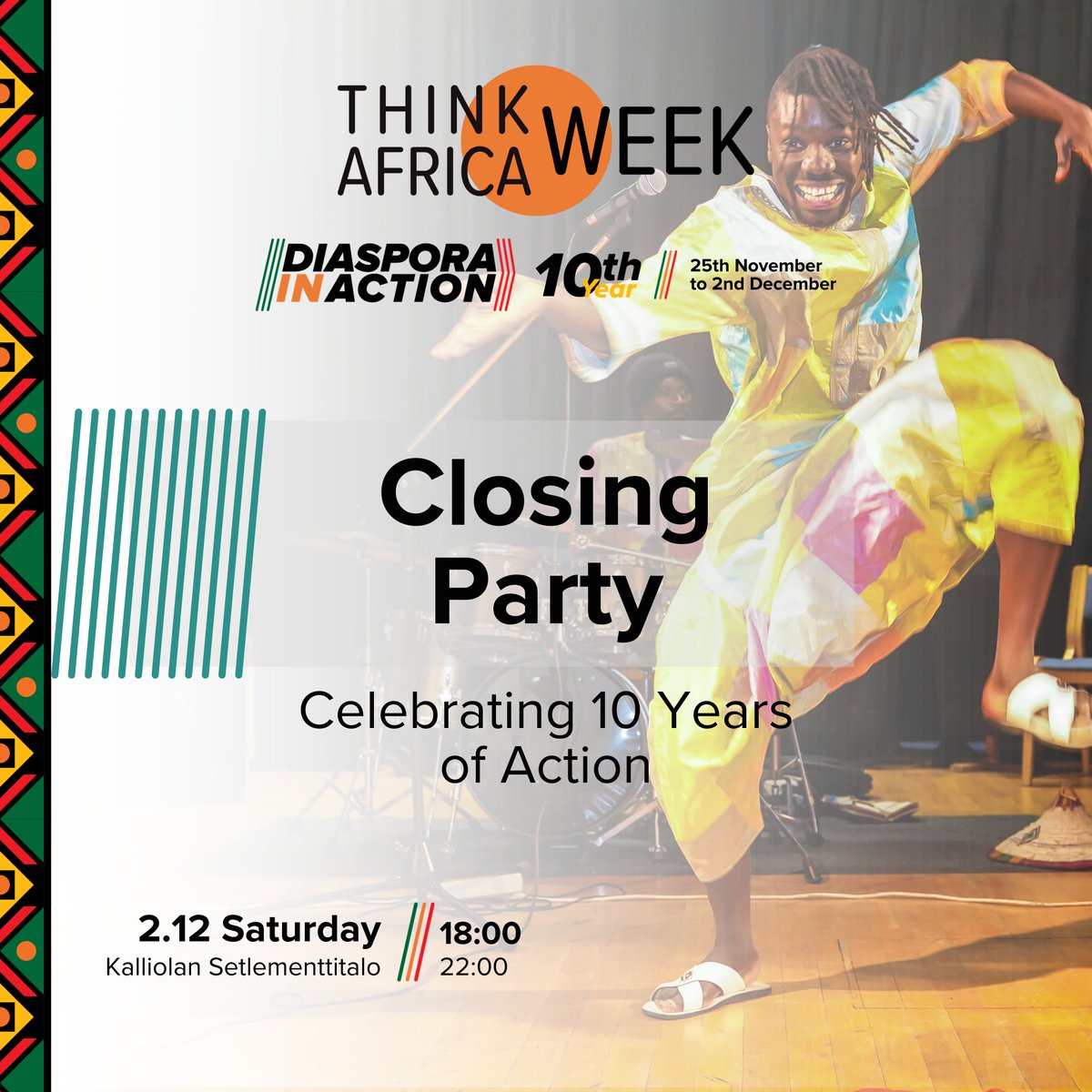 Get ready to close out Think Africa Week 2023 with a BANG!✨ Let's wrap up the week in style as we celebrate a decade of Think Africa Week! 🎉 Join us for an evening of reflections and good vibes, topped off with some music and a whole lot of Diaspora unity!🌍See you there!