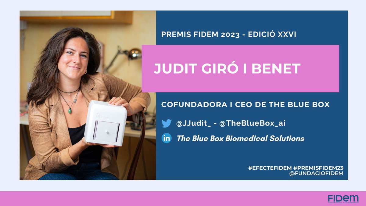 🥁La guanyadora del #PremisFidem23 a la Innovació és...

🌟Judit Giró i Benet - @JJudit_ – Cofundadora i CEO de @TheBlueBox_ai !

#innovació #biomedicina #cancerdemama #innovaciócientífica
#PremisFIDEM #EfecteFidem #LidertgeFemení #ReferentsFemenins #TalentFemení