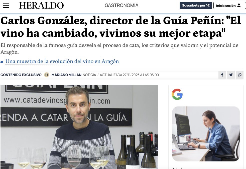 Carlos González Sáez (@carlosguiapenin) on Twitter photo EL VINO HA CAMBIADO, VIVIMOS SU MEJOR ETAPA.
heraldo.es/noticias/gastr…
Muchas gracias <a href="/heraldoes/">Heraldo de Aragón</a> y Mariano Millán por la entrevista EL VINO HA CAMBIADO, VIVIMOS SU MEJOR ETAPA.
heraldo.es/noticias/gastr…
Muchas gracias <a href="/heraldoes/">Heraldo de Aragón</a> y Mariano Millán por la entrevista