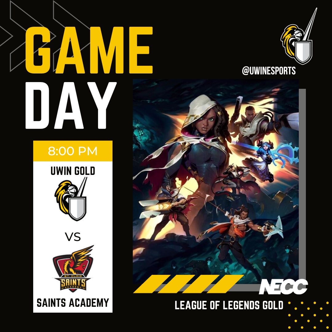 #LoLGold play in <a href="/neccgames/">NECC</a> Challengers Great Lakes SEMI FINALS tonight!!!⚔️🟡

🆚<a href="/SaintsAcademyCA/">St. Clair Saints Academy</a>

⏰8:00pm

#UWindsorLoL #UWinEsports #Windsor