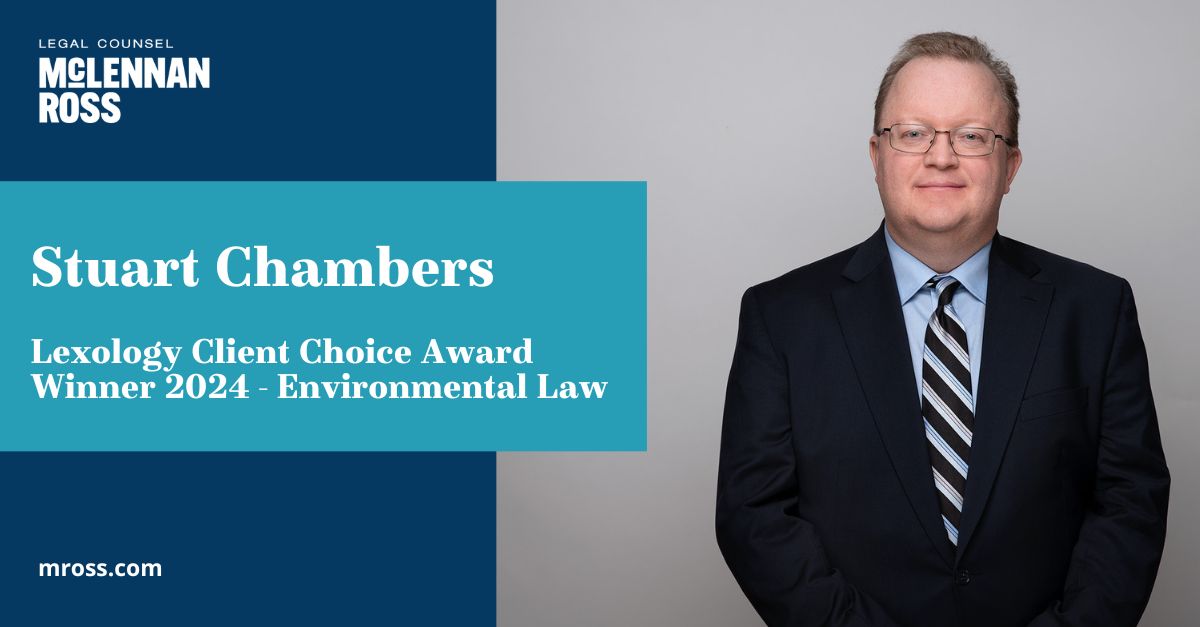 We are pleased to share that MR’s Stuart Chambers was selected by <a href="/Lexology/">Lexology</a> as the exclusive winner of the 2024 Client Choice Award in the Environmental Law category in Canada.
 
Read about Stuart here: bit.ly/47VsRMh
 
#MRoss #MRleads #lexologyclientchoice