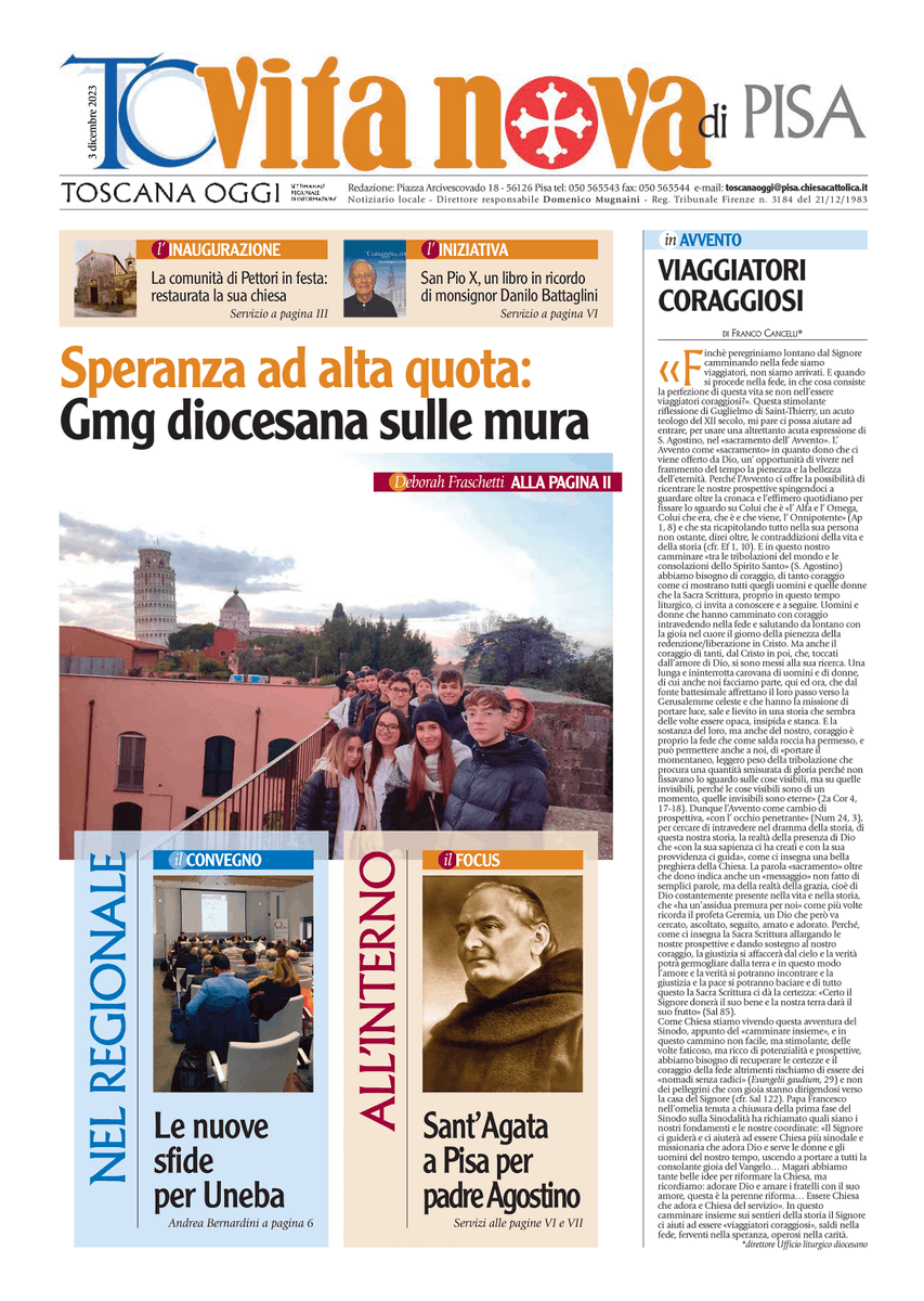 È in distribuzione il numero di <a href="/Toscanaoggi/">Toscanaoggi</a> #VitaNova datato domenica 3 dicembre. Ecco la #primapagina del dorso dell'#ArcidiocesidiPisa.
📰🏡 Per ricevere ogni settimana a casa il settimanale informati sulle offerte di abbonamento 2024: 055.2776634