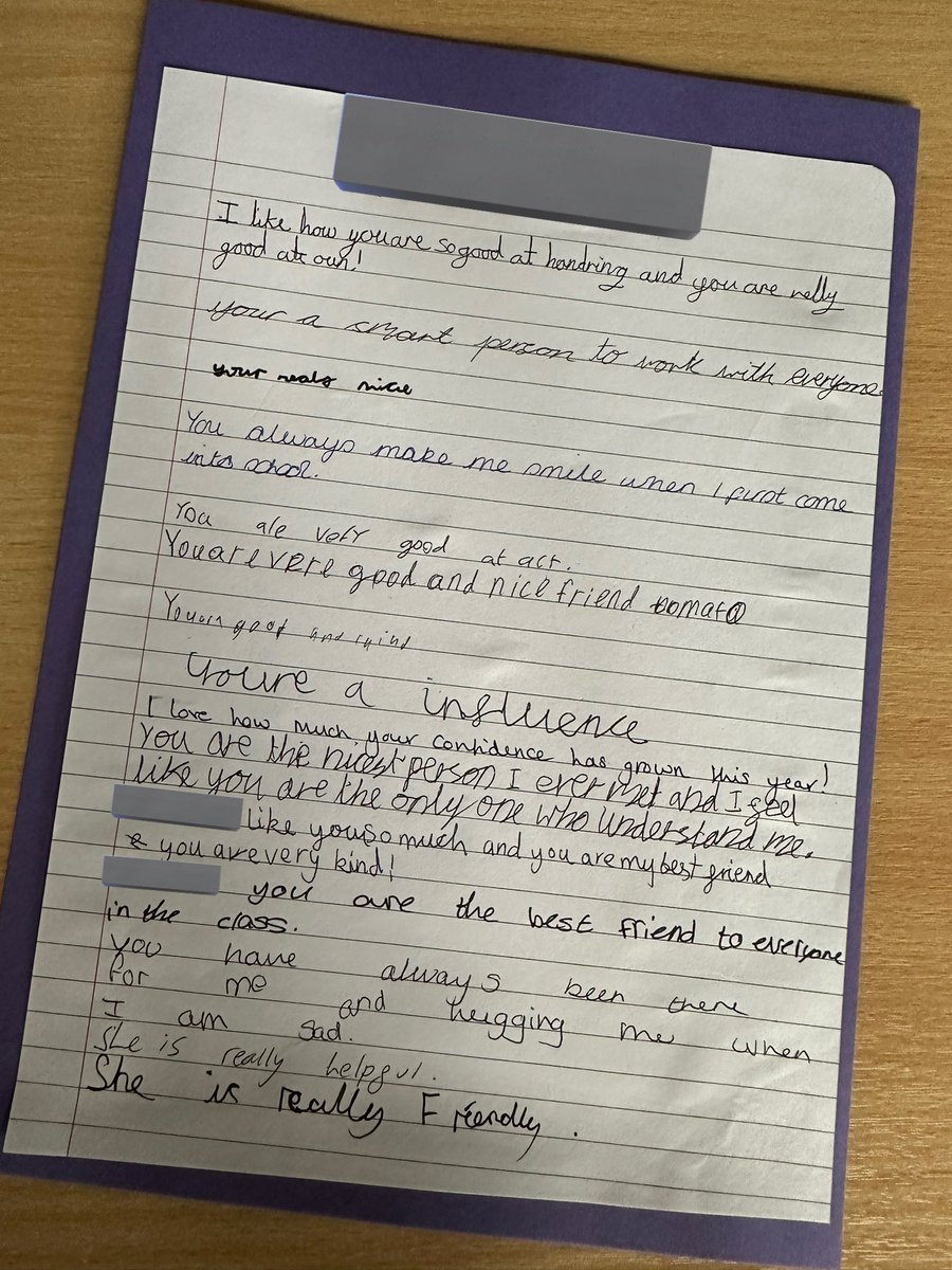 primaryteachew's tweet photo. In PSHE, we wrote kind comments to each other, and then took them home. Seeing how happy children were reading them, and showing them to parents, made my day. 

One child said, ‘I didn’t realise this many people liked me’ and had the biggest smile for the rest of the day🥺😭 https://t.co/XZg0INiqYW