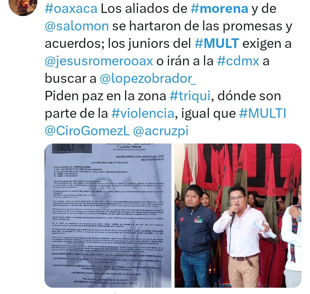 Replica_Tweets's tweet image. #Oaxaca Resulta que la primavera oaxaqueña, está construida de traiciones, y de ahí lo convulsionado del estado

Los pactos se respetan dice: #mult #codep #cipo etc 

Que tanto ofrecieron, que no pueden cumplir?

@salomonj @PartidoMorenaMx @jesusromerooax @BenjaViverosOax