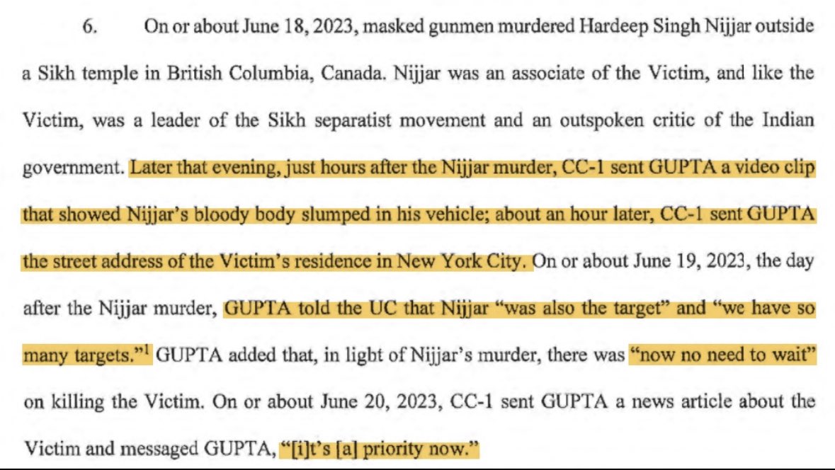 TheCsya's tweet photo. “Later that evening, just hours after the Nijjar murder, CC-1 sent GUPTA a video clip that showed Nijjar's bloody body slumped in his vehicle; about an hour later, CC-1 sent GUPTA the street address of the Victim's residence in New York City”  

FULL 🔗: https://t.co/lUDvPbNyBU https://t.co/7fnFgV83LN
