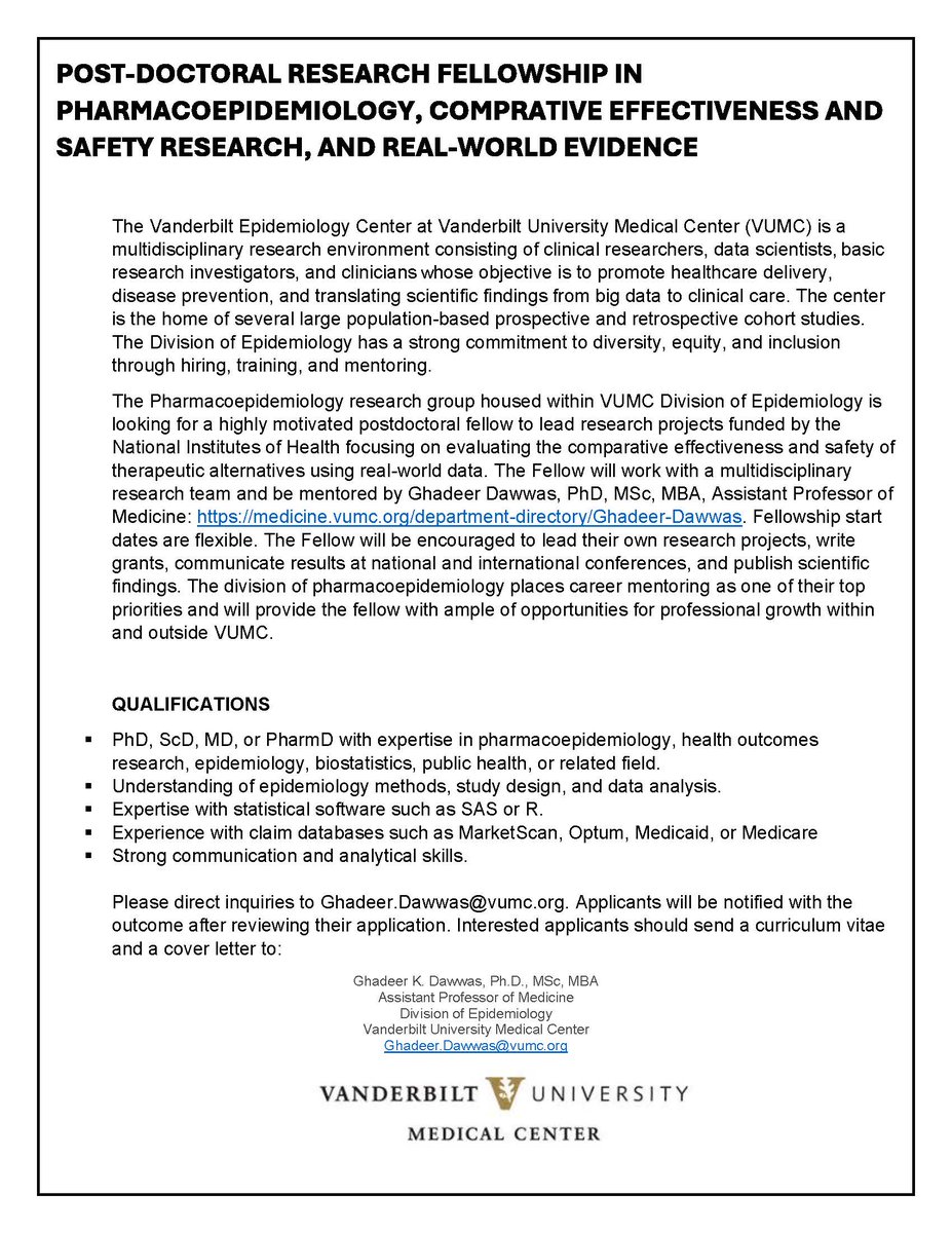 Please retweet! We are hiring a postdoc to work on evaluating comparative effectiveness and safety of therapeutic alternatives using real-world data. 2 years w potential to extend. @VUMCepi @VUMC_Medicine @IntPharmacoEpi #postdocjobs #AcademicTwitter