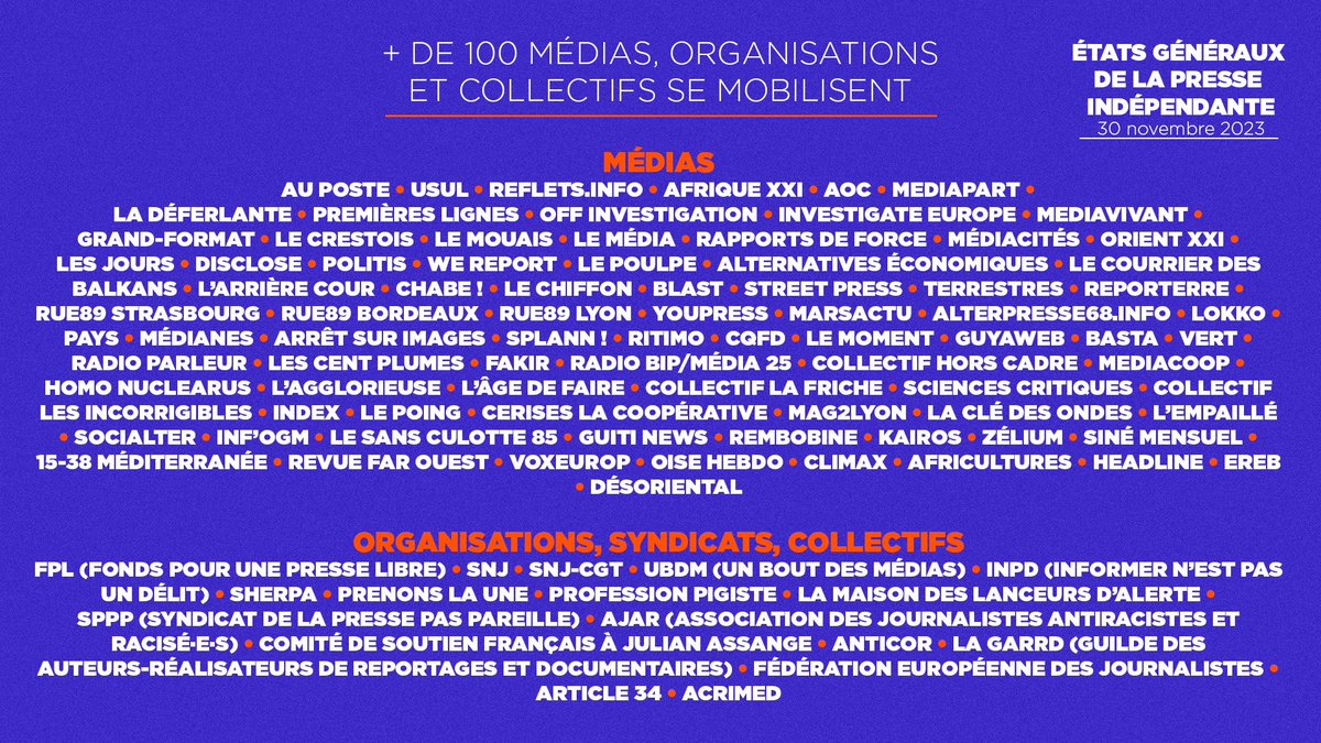 On vous donne rendez-vous ce jeudi 30 novembre à partir de 17h à l’espace Reuilly à Paris et en streaming pour les États généraux de la presse indépendante avec plus de 100 médias et organisations 
Le stream : youtube.com/live/3b2Zt90dS… <a href="/Fondspresslibre/">Fonds pour une presse libre</a>