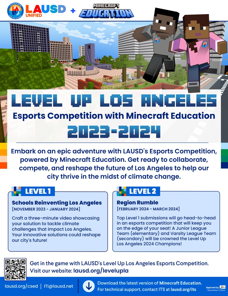 Instructional Technology Initiative (@iti_lausd) on Twitter photo ANNOUNCING: Level Up Los Angeles Esports Competition w/ <a href="/PlayCraftLearn/">Minecraft Education</a>!
Inviting <a href="/LASchools/">Los Angeles Unified</a> to participate in this year's challenge focused on SDG13: Climate Action! Ongoing office hours every Wednesday.
Learn more at: lausd.org/levelupla
#AcceleratingSuccess #LevelUpLA ANNOUNCING: Level Up Los Angeles Esports Competition w/ <a href="/PlayCraftLearn/">Minecraft Education</a>!
Inviting <a href="/LASchools/">Los Angeles Unified</a> to participate in this year's challenge focused on SDG13: Climate Action! Ongoing office hours every Wednesday.
Learn more at: lausd.org/levelupla
#AcceleratingSuccess #LevelUpLA
