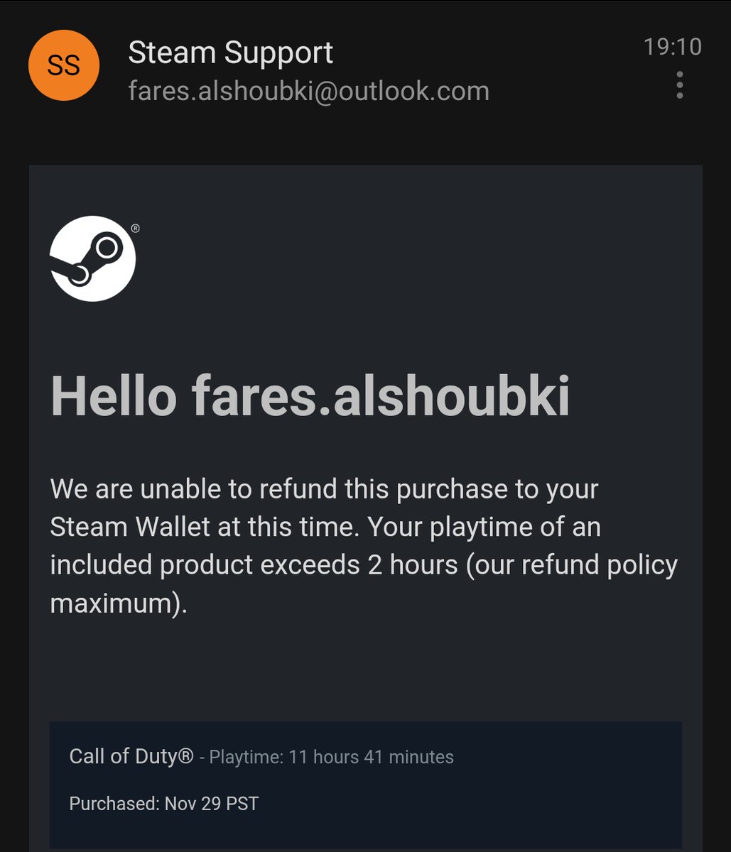 Faresguidede's tweet photo. @Steam Can you explain this?

On Microsoft flight simulator I had 40 hours of playtime.But on Call of duty I had only 12 hours and it did not refund but how did the other one work? https://t.co/Q4twxWT7uI
