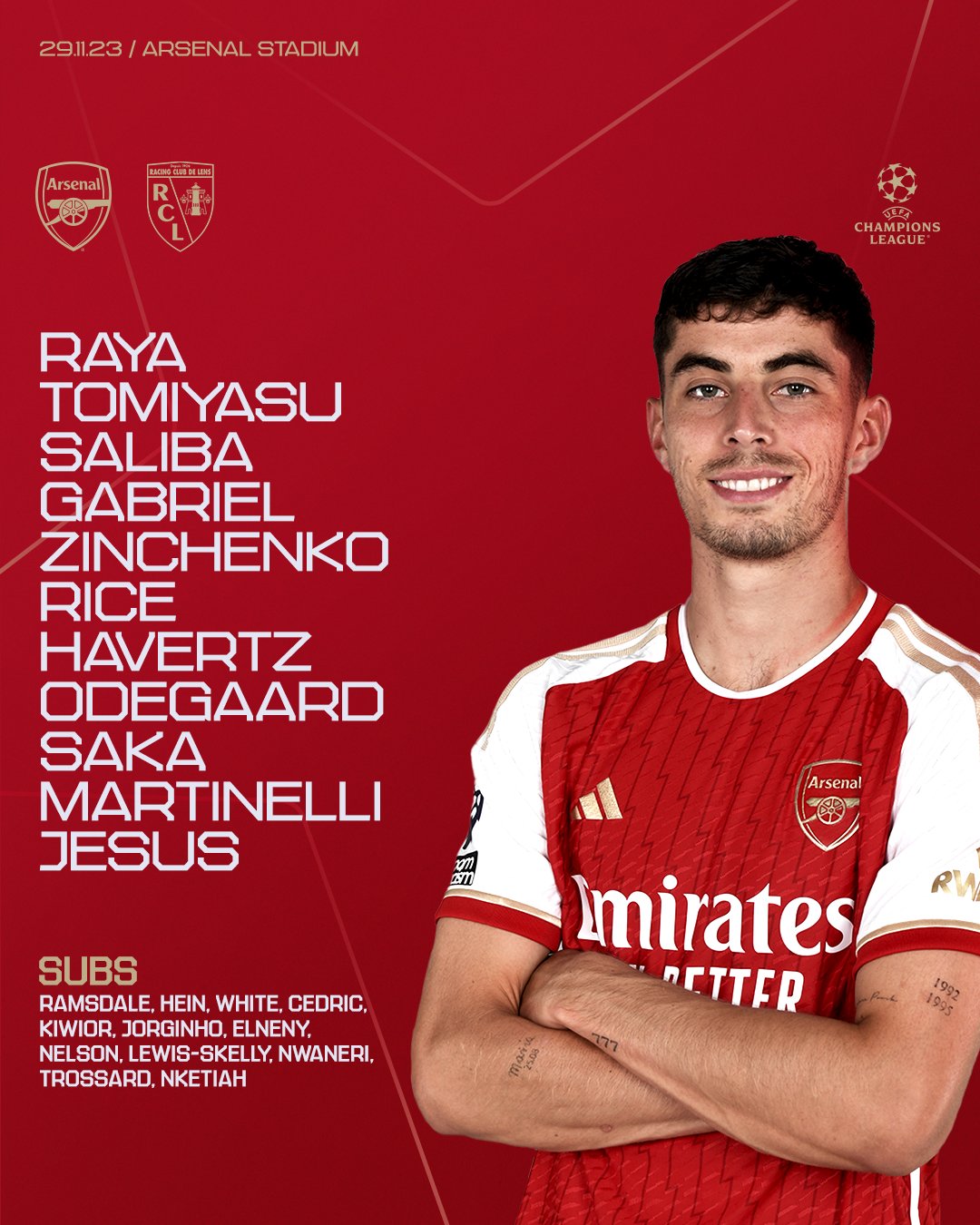 Arsenal on X: 🔴 𝗧𝗘𝗔𝗠𝙉𝙀𝙒𝙎 ⚪️ 🧱 Gabi at the back 🍚 Rice in the  middle 📞 Eddie leads the line Let's do this, Gunners 👊   / X