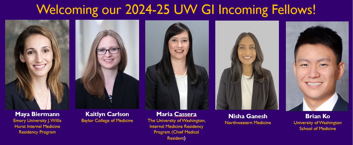 We are super excited to announce our @UWDIVGASTRO 2024-25 incoming class of GI fellows to @UWMedicine #Seattle #gastroenterology!! We look forward to working with you all. 🙌🙌🙌 Welcome to Drs. Maya Biermann, Kaitlyn Carlson, Maria Cassera, Nisha Ganesh & Brian Ko!!