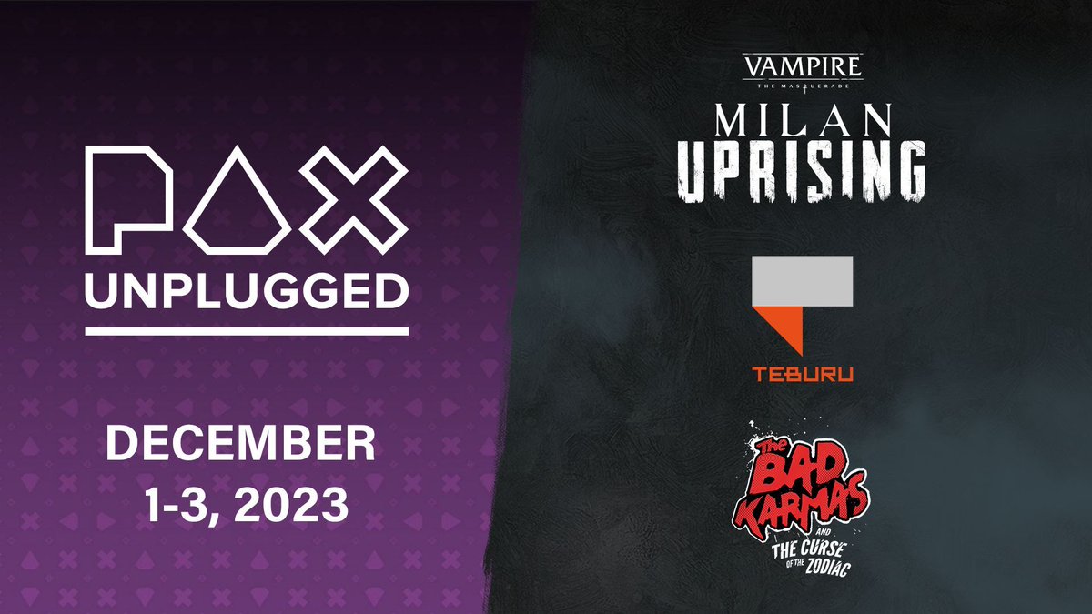 It's almost time for PAX Unplugged! We'll be offering limited playtests of VTM: Milan Uprising and The Bad Karmas this weekend, so reserve your spot today in the PAX Unplugged Game Scheduler: buff.ly/3sXm71E #teburu #tabletop #tabletopgaming #boardgames #paxunplugged