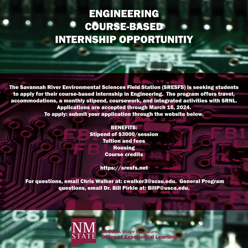 nmsuacs's tweet photo. Calling all Engineering Aggies! 👩‍🔬👨‍🔬 The Savannah River Environmental Sciences Field Station is now accepting applications for their program. 
For more information visit https:// https://t.co/KadEyT1Hmu
#NMSUBound #NMSUAggies #BeBold #ShapetheFuture #NMState https://t.co/6yILw28Q2i