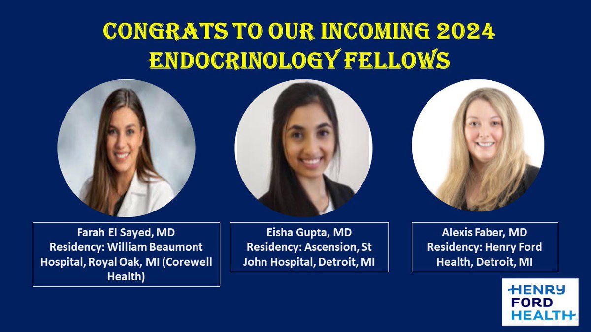 We are excited to welcome our incoming 2024 @HFEndocrineFell fellows - Farah, Elisha and Alexis. Congratulations! We look forward to you joining us next year! @HenryFordHealth #Endotwitter