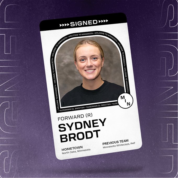 Graphic announcing the signing of Sydney Brodt to PWHL Minnesota. There is a floating player card over a purple background that says SIGNED across the top and includes her headshot and name with the following information beneath it: 
POS: Forward  
CATCHES: Right 
HOMETOWN: North Oaks, Minnesota  
PREV. TEAM: Minnesota Whitecaps, PHF