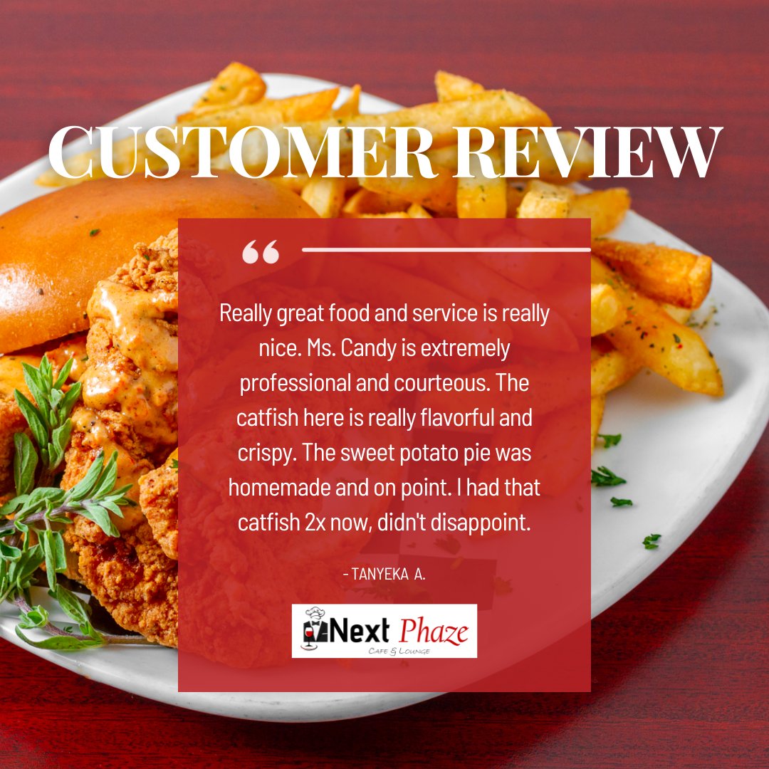 NextPhazeCafe's tweet photo. Whether you're a new customer or a loyal returning one, we love hearing from you! Thank you, Tanyeka, for this amazing review! 🥰  

How do you like our food? Leave a review here: https://t.co/63tXMD1cPi https://t.co/d3AXP6oS7H