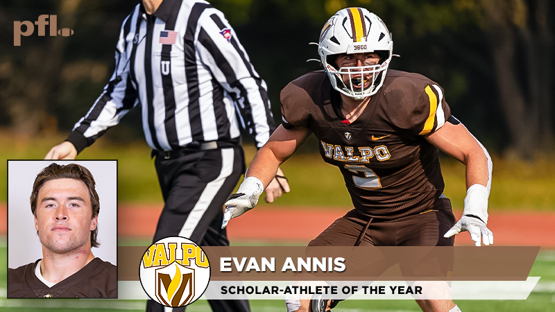 𝗣𝗙𝗟 𝗦𝗰𝗵𝗼𝗹𝗮𝗿-𝗔𝘁𝗵𝗹𝗲𝘁𝗲 𝗼𝗳 𝘁𝗵𝗲 𝗬𝗲𝗮𝗿 @valpoufootball linebacker Evan Annis A three-time First Team Academic All-PFL honoree, he is pursuing a degree in bioengineering.