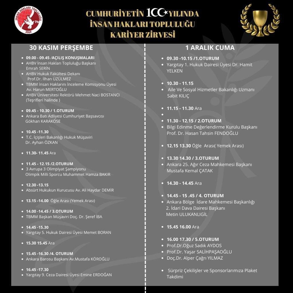 AHBV Hukuk Fakültesi 
İnsan Hakları Topluluğu olarak düzenlediğimiz “Cumhuriyetin 100.Yılında Kariyer Zirve” programımız❤️🤍🕊️